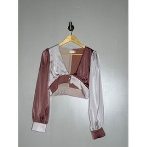 Altar'd State Colorblock Satin Crop Top Mauve Champagne V-Neck Blouse S